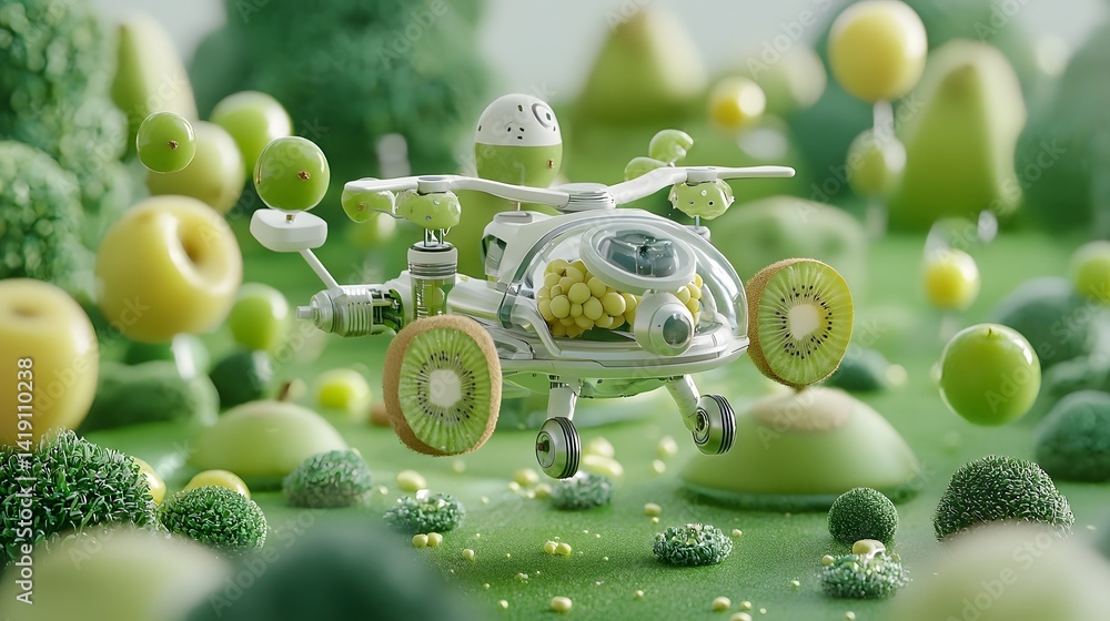 Poster a futuristic hover bike constructed from grapes and kiwi slices floating in mid air showcasing an in