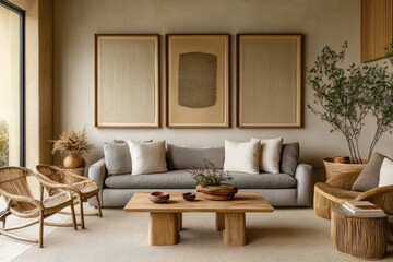 Serene living room with neutral palette, wood accents, and woven furniture