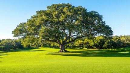 Fototapeta premium Large tree, vibrant green field, sunny day.