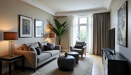 Stylish modern living room interior sophisticated calm design [with copy space]