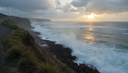 Crashing waves dynamic against rocky shoreline at sunset