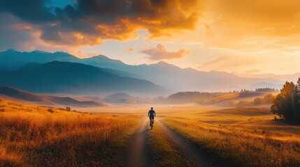 Fototapeta premium Lone cyclist riding along a quiet path with minimal scenery, flat tones and gentle light creating a serene feel