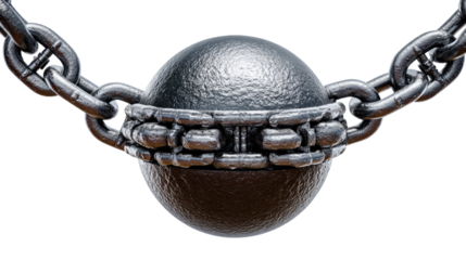 Ball and Chain: A detailed high-angle shot showcases a metal ball and chain. This image, evoking a sense of restriction, hardship, or even the concept of burden.