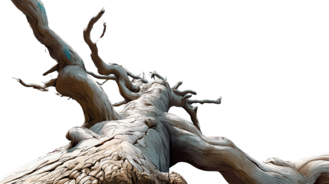 Weathered Timber Silhouette: A striking, weathered tree, rendered in intricate detail, stretches across the frame against the sky, embodying resilience and the passage of time.