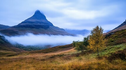 Fototapeta premium Misty mountain peak, autumnal grasses, lone trees.