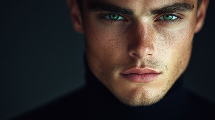 Fototapeta premium A striking figure emerges from the darkness, captivating all with his piercing green eyes. His expression, serious yet alluring, invites curiosity and intrigue as he stands in an ethereal ambiance