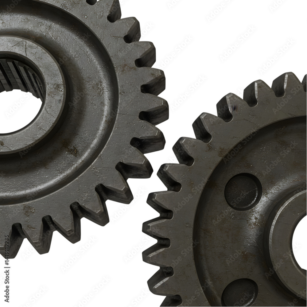 Poster interlocking gears: machine parts with transparent background