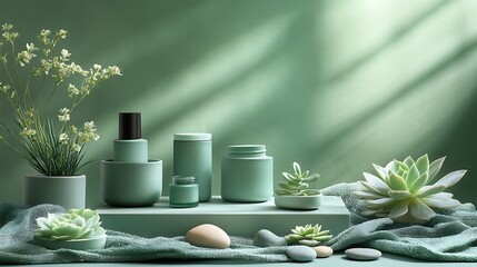 Green cosmetic products arranged on matte green platforms, with matching succulents, pebbles, and linen fabric, ambient daylight from the side creating soft gradients.