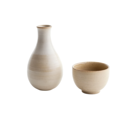 Japanese sand-colored ceramic cup and bowl next to a bottle of Japanese rice wine in the same color, on Png Format and Transparent Background
