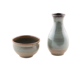 Japanese sand-colored ceramic cup and bowl next to a bottle of Japanese rice wine in the same color, on Png Format and Transparent Background