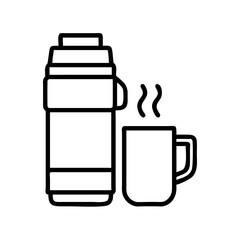 Outline vector of thermos flask and mug with steam for hot drinks like coffee or tea break