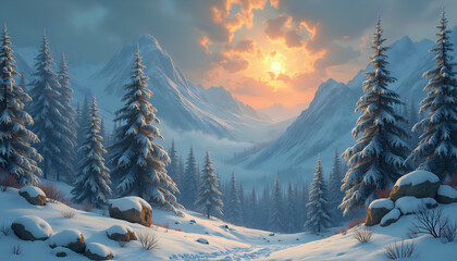 Snowy mountain valley landscape serene at sunset golden hour