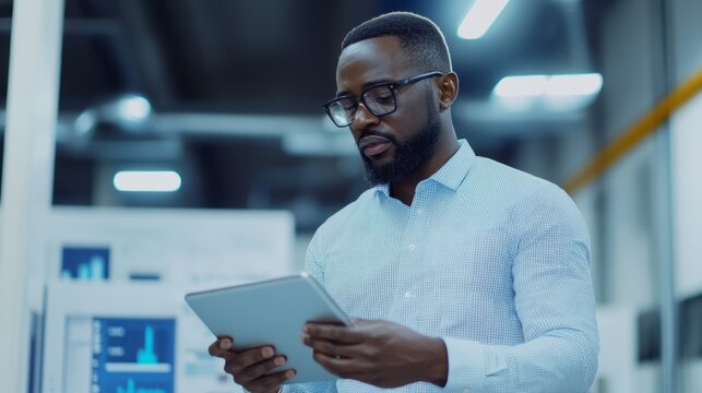 In a sleek, contemporary workspace, a driven entrepreneur analyzes data on his tablet, developing new strategies amidst a backdrop of creativity and progress, reflecting his commitment to success