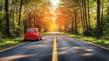 Obraz premium Car driving through a scenic autumn forest road