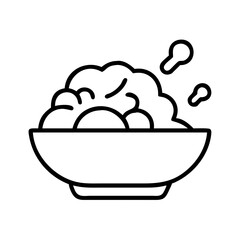 Outline illustration of bowl of soup food with spoon, vector art for restaurant menu design and recipe
