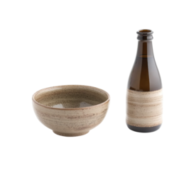 Japanese sand-colored ceramic cup and bowl next to a bottle of Japanese rice wine in the same color, on Png Format and Transparent Background