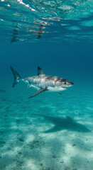 Fototapeta premium A shark swims underwater in the ocean viewed from above near the surface with clear blue water
