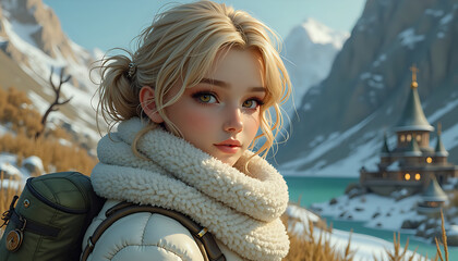 Blonde Woman Stylized Relaxed Looking Away against Snowy Mountain Lake Background