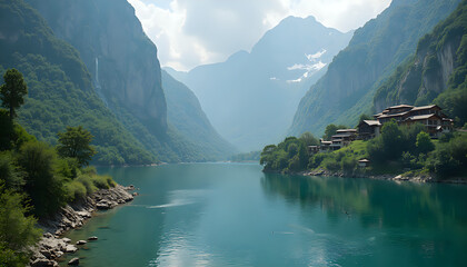 Mountain Lake Houses Serene Nestled in Lush Valley [with copy space]
