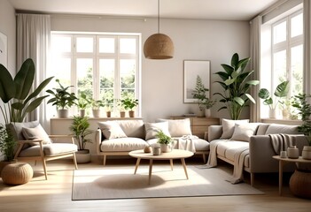 Modern Minimalist Living Room Interior Design with Beige Sofa and Abundant Indoor Plants
