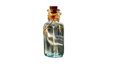 Message in a Bottle: A small, rectangular glass bottle with a cork stopper is tied with twine, containing a rolled-up message, creating an air of mystery and intrigue.