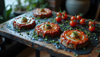 Gourmet appetizers in circular style with white, orange, and green colors representing sophisticated food presentation
