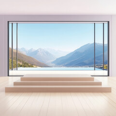 Fototapeta premium Modern Interior with Large Window Showcasing Scenic Mountain View