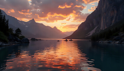 Mountain lake sunset in fiery orange and red representing tranquility and awe against a mountain range silhouette