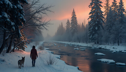 Person walking dog with contemplative mood along a river at sunset against a snow-covered landscape