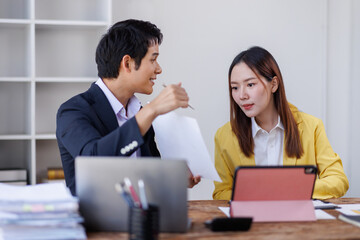 Two Accounting company provide finance and taxation planning for profitable cash flow, Auditor and accountant team working in office, analyze financial data accounting record with calculator.Insight
