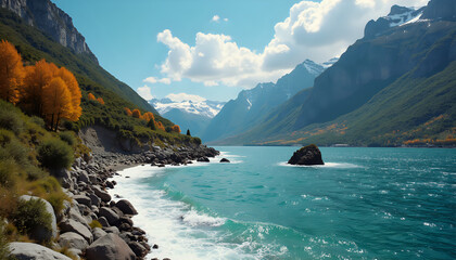 Picturesque Autumnal Fjord Coast [Rocky Shore, Teal Water] [Showcasing Natural Beauty]