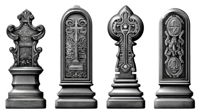 Elegant Chess Pieces: A close-up, detailed studio shot featuring four exquisitely crafted chess pieces. Each piece is unique with intricate detailing and design, standing ready for strategic play.