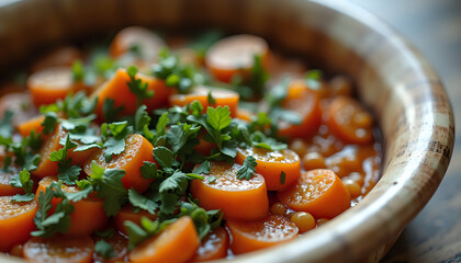 Cooked Carrots with Parsley [Close-up, Glazed] [Orange, Green, Beige] [Representing Healthy Eating or Home Cooking]