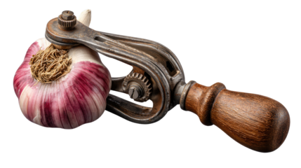 Garlic Bulb and Antique Press: An antique garlic press cradles a fresh, vibrant garlic bulb, its purple-tinged cloves promising a burst of flavor and culinary delight.