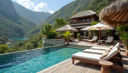Luxurious Infinity Pool [Overlooking Lake and Mountains] [Representing Relaxation and Travel]