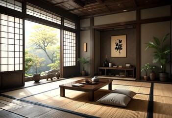 Serene Japanese style room interior design with tatami mats low table and garden view