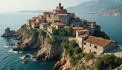 Coastal Town on Cliffs [High-angle View] [Light-colored Buildings, Terracotta Roofs] [Representing Picturesque Mediterranean Location]
