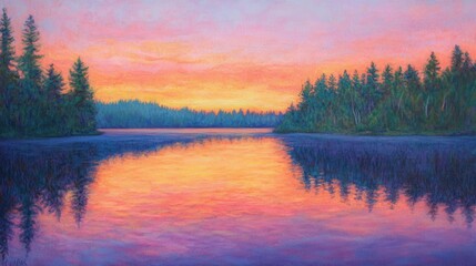 Sunset reflects on calm lake, trees lining shores.