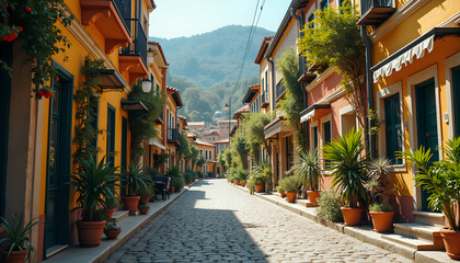 Mediterranean cobblestone street charming colorful represents peaceful European village travel [with copy space]