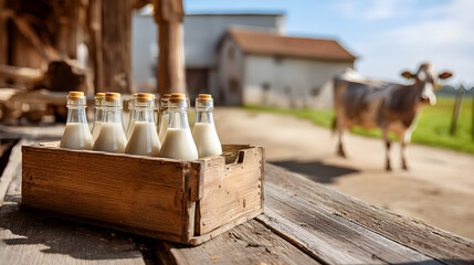Fototapeta premium white milk bottle with cow farm background