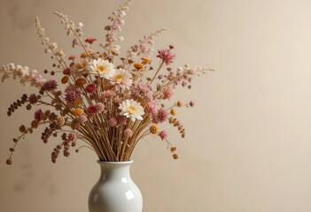 Dried flower arrangement in a white vase against a beige background Beautiful autumnal bouquet