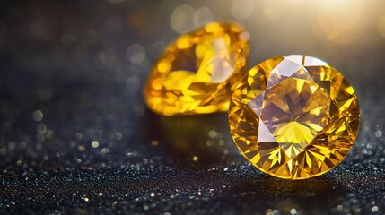 Fototapeta premium Sparkling yellow diamonds on dark surface, bokeh background, jewelry advertising