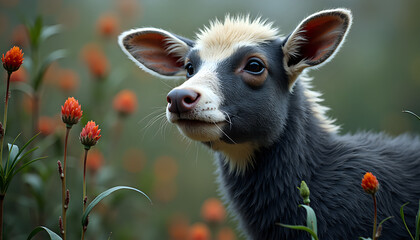 Young deer curious gentle looking represents natural wildlife beauty among orange flowers