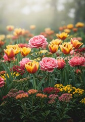 Pink and Yellow Tulips and Roses in a Spring Garden