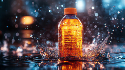 Dynamic sports drink bottle mockup with water droplets, vibrant colors, and high-energy gym background. Perfect for fitness ads, hydration branding, and athletic lifestyle visuals.