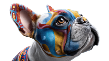 Painted French Bulldog Portrait: A unique and vibrant portrait of a French Bulldog, artistically embellished with colorful patterns, showcasing the dog's expressive face and character. 