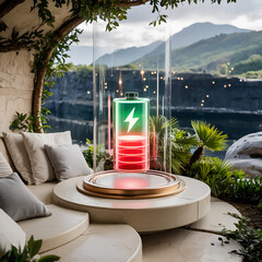 Glowing Battery Icon digital rendering red green charging power indicator outdoor setting