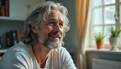 Middle-aged Man relaxed content smiling looking away home interior window background