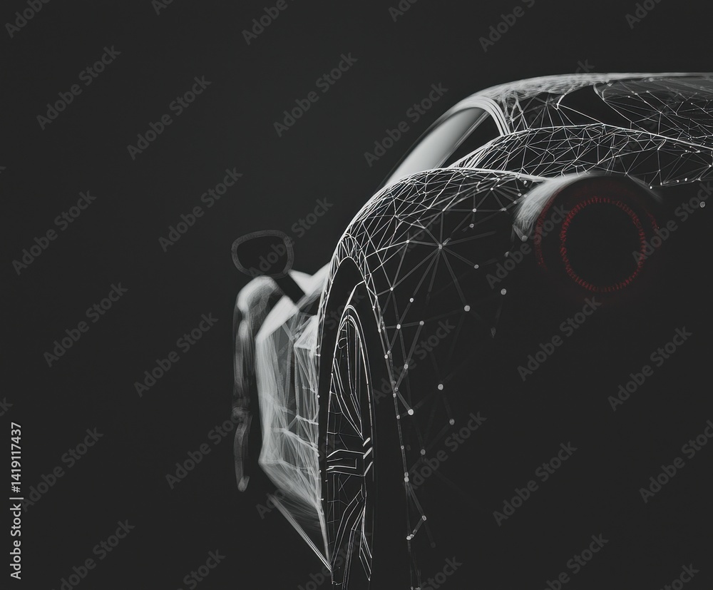 Poster futuristic car design with abstract wireframe patterns