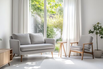 A living room with a light grey sofa, a wooden armchair, and a small wooden side table. Sunlight streams through the large windows and white curtains